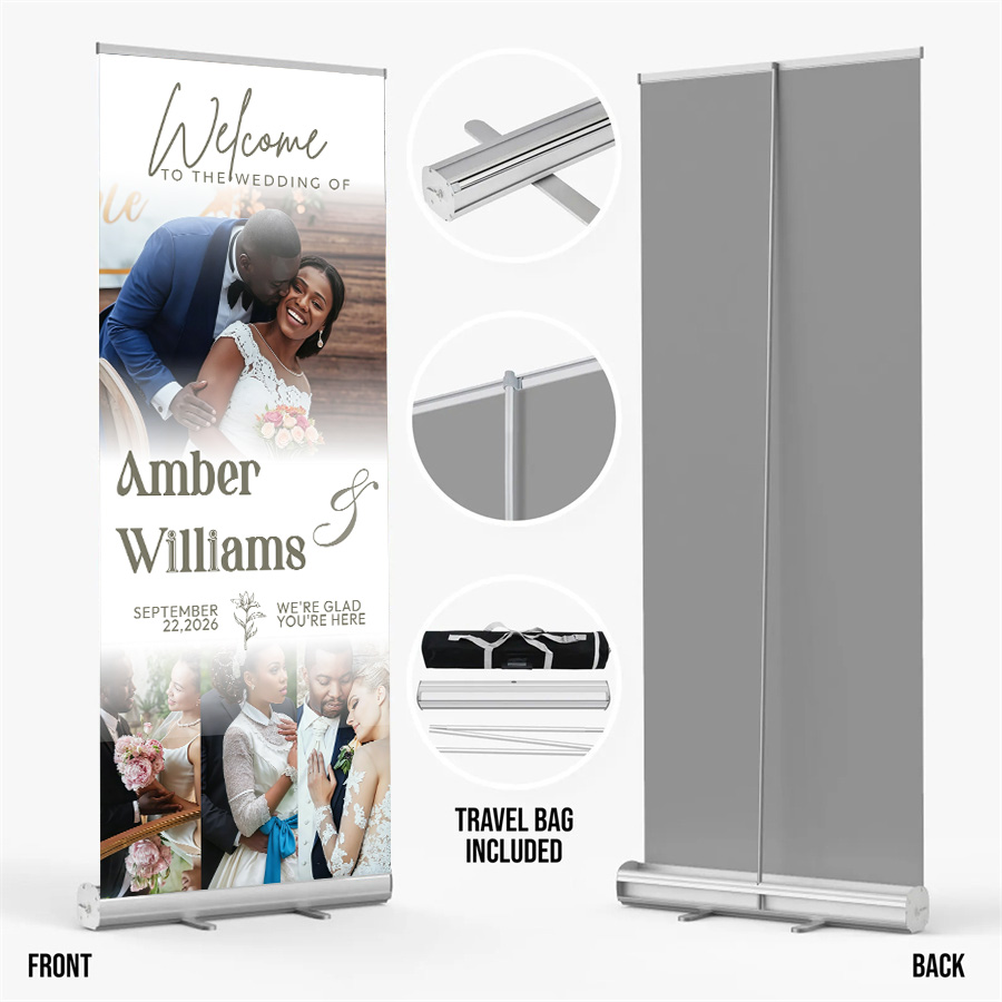 Customized wedding retractable banners - personalized photo wedding welcome signs, reception decorations and background curtains